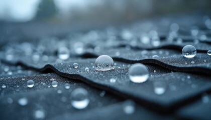 Close up of round water droplets on a dark shingle roof during a rain shower. The texture of the roof material is visible with small granules absorbing moisture.
