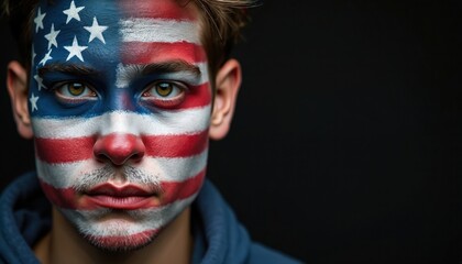Obraz premium Young man with face painted like American flag. Serious expression, eyes look forward. Dark background with copy space. Represents national pride.