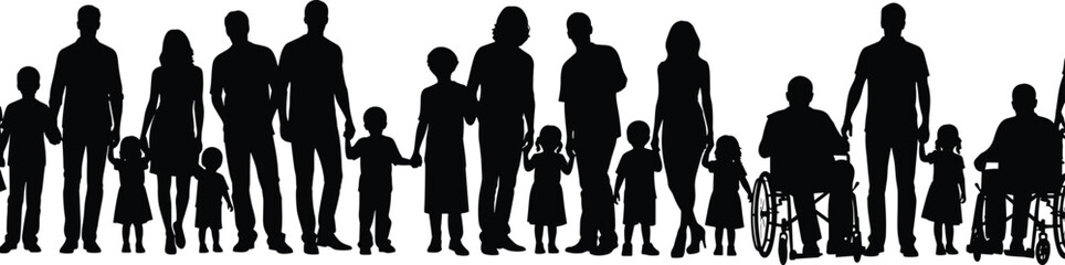 Silhouettes of diverse inclusive group with adults, children, and wheelchair users, black figures, community posture, transparent background, unity and accessibility illustration