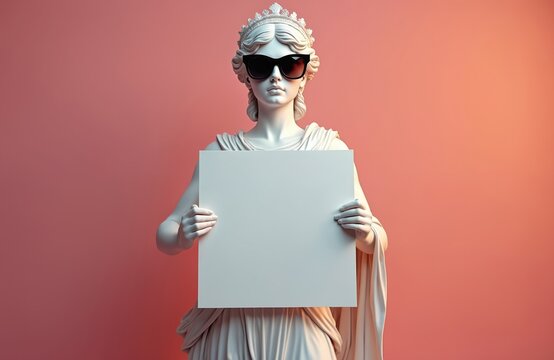 Ancient Greek goddess statue wearing sunglasses holds blank white sign. Female sculpture displays empty poster for text on pink background. Copy space.