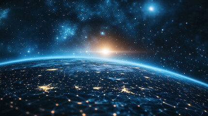 Concept of global communication network technology showing Earth connected by digital links, symbolizing internet business, telecommunication, cryptocurrency, IoT, and blockchain innovation