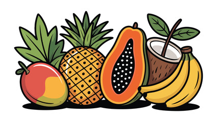 Tropical Fruit Delight: A vibrant collection of exotic tropical fruits, artfully arranged to tantalize the senses, depicting the taste of the tropics and the bounty of nature.