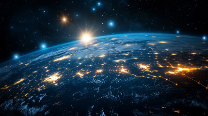 Concept of global communication network technology showing Earth connected by digital links, symbolizing internet business, telecommunication, cryptocurrency, IoT, and blockchain innovation