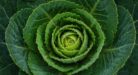 Close up of vibrant green cabbage plant showing intricate leaf structure details