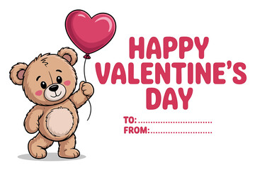 Obraz premium Happy valentine's day greeting card with teddy bear and heart balloon