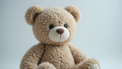 Close-up portrait of a beige teddy bear sitting alone.