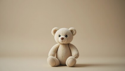 Close-up portrait of a beige teddy bear sitting alone.