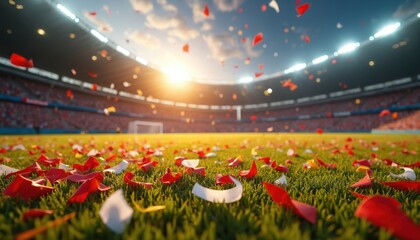 Soccer field covered in red and white confetti after a match. Stadium filled with spectators watches sunset. Victory celebration on green grass.