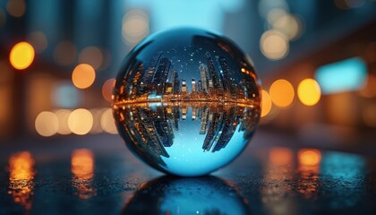 Glass sphere reflects city skyline at night. Lights blur around the crystal ball. Wet surface mirrors glowing skyscrapers. Urban landscape at dark.