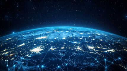 Concept of global communication network technology showing Earth connected by digital links, symbolizing internet business, telecommunication, cryptocurrency, IoT, and blockchain innovation