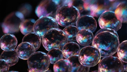 Iridescent Spheres - A Cluster of Colorful Bubbles on Black Background.