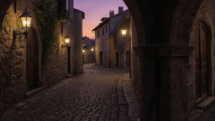 Mystical Medieval Village Street at Dusk with Cobblestone and Lanterns.