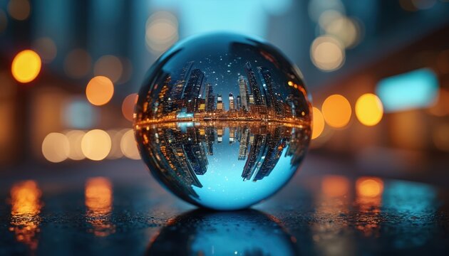 Glass sphere reflects city skyline at night. Lights blur around the crystal ball. Wet surface mirrors glowing skyscrapers. Urban landscape at dark. - Powered by Adobe