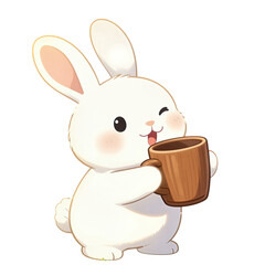 Cute white rabbit holding a wooden cup