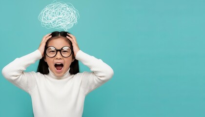 Overwhelmed little girl with tangled brain illustration, symbolizing confusion, stress, and challenging thoughts for young minds.
