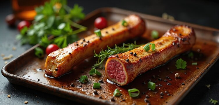 Two beef marrow bones rest on a rustic tray. They are seasoned with spices and fresh herbs. Served as a gourmet appetizer, these bones offer a rich, savory taste.