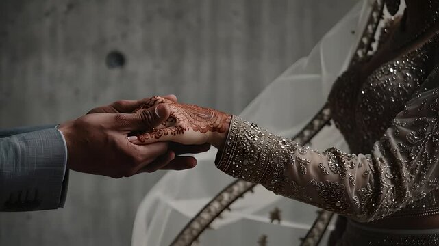 A heartwarming candid shot of a couple holding hands, symbolizing love and commitment on their special day