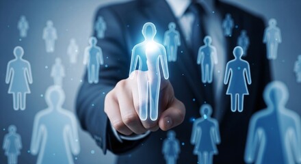 Businessman selecting digital human icon representing recruitment or human resources management with futuristic technology and online connectivity theme in the background