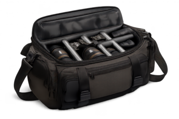 Camera Bag with Lenses on transparent background, Open Gear Carrier