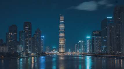Naklejka premium Nighttime Skyline of Tianjin, China: Modern Architecture, Illuminated Skyscrapers, and Reflective River with a Bridge in a Vibrant Urban Landscape