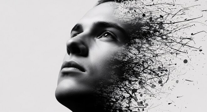 Creative black and white portrait of a woman with a digital dispersion effect representing imagination and innovative thinking in modern art style