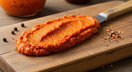 Close up of vibrant orange food spread on a wooden surface with a spatula