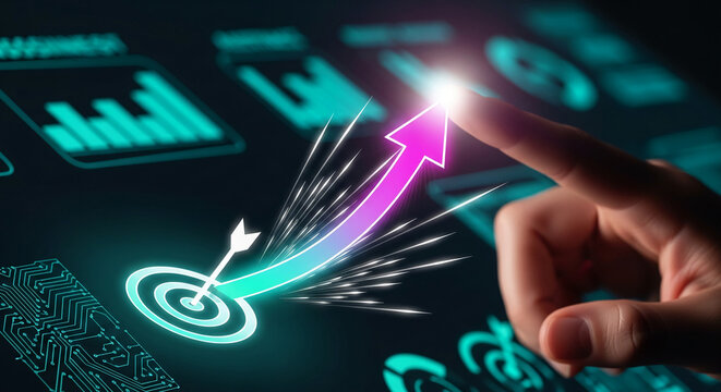 Human finger touches glowing arrow targeting bullseye on screen, symbolizing progress, goal, success, achievement, and technological advancement - Powered by Adobe