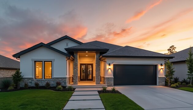 Modern ranch home exterior with stone accents at sunset. White and gray walls complement the dark roof and garage. Warm lights glow from windows and entryway.