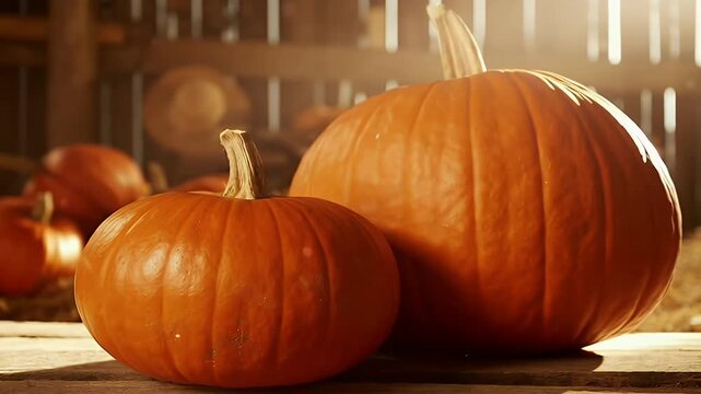 Harvest season with pumpkins sitting on a wooden table inside of a barn