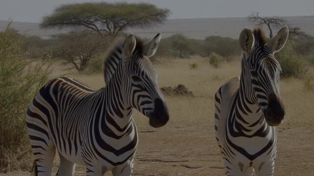 Two zebras standing side by side in a natural, open setting. Their distinctive black and white stripes stand out against the backdrop of the savanna landscape.  Stock Video