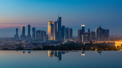 Fototapeta premium Stunning Skyline at Dusk Reflecting in Water: Modern Cityscape with Skyscrapers, Urban Landscape, and Serene Reflection for Travel and Business
