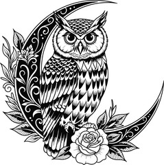 Owl and Crescent Moon Line Art Illustration &ndash; Detailed Black and White Ornamental Owl with Floral Rose and Mystical Night Symbol