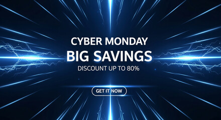 Image of electric blue light streaks, representing speed and energy, promoting Cyber Monday sales with potential eighty percent discount, compelling action