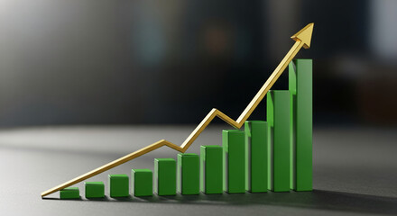 Image displays ascending green bar chart, and gold arrow. It is representative of positive economic growth, financial success, and upward business trend