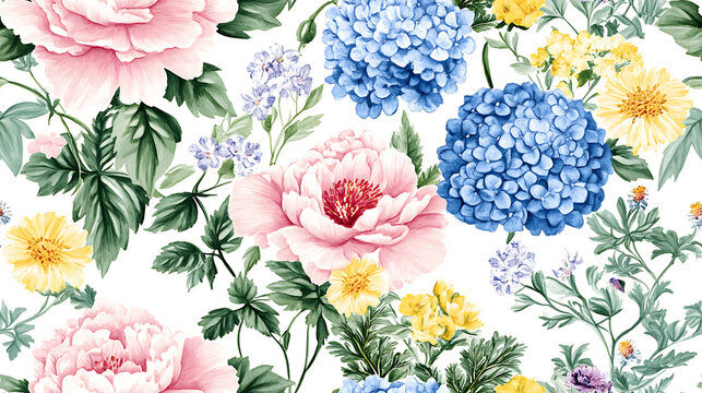 Large Vintage Watercolor Pink Peony and Blue Hydrangea Seamless Pattern for Elegant Romantic Floral Background and Wallpaper


