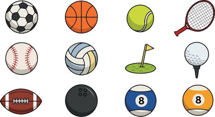 A professional vector collection of sports equipment icons featuring a set of tennis, basketball, soccer, football, and volleyball balls designed for game competition symbols