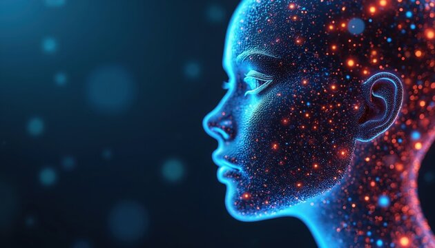 Digital human face made of glowing particles. Futuristic AI portrait, virtual reality representation of person. Cybernetic mind, online identity, data consciousness. - Powered by Adobe