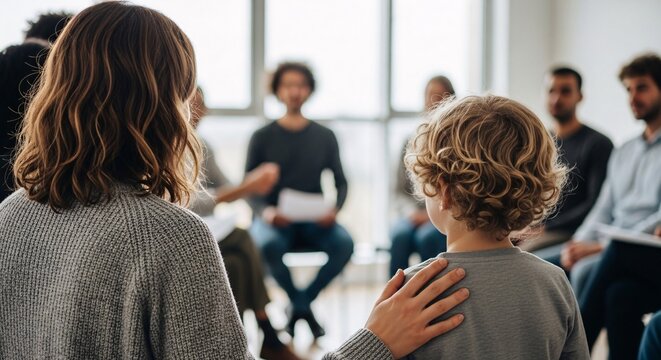 Supportive woman comforting young boy during group therapy session in bright modern room with diverse participants engaging in discussion and sharing feelings - Powered by Adobe