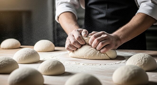 Professional baker kneading dough in a bakery kitchen preparing fresh bread for baking process with multiple dough balls on a wooden surface in a modern bakery setting - Powered by Adobe