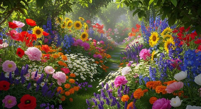 Lush springtime garden pathway overflowing with vibrant multicolored blossoms under dappled sunlight