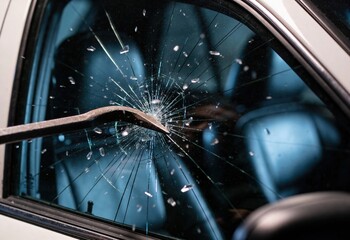 A sharp pry bar pierces a vehicle side window, causing radial cracking and glass fragments.