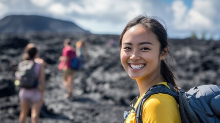 Radiant woman explores volcanic landscape, embodying adventurous spirit and joy