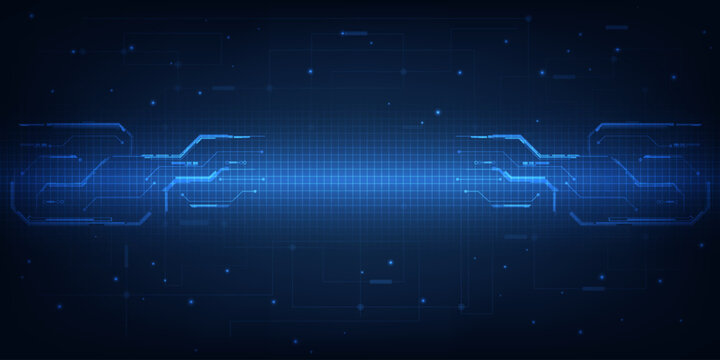 Vector illustration of Abstract blue digital hi tech background with glowing horizontal line and digital element circuit pattern.Digital communication innovation and technology concept.