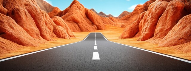 Asphalt Road Through Surreal Orange Desert Mountains Under Bright Sky
