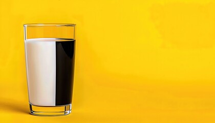 Half Filled Glass with Beige and Brown Liquids Against Yellow Background