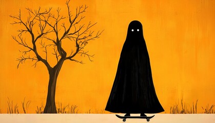 Halloween Ghost on Skateboard with Leafless Tree Digital Art in Black and Orange