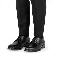 Pair of Polished Black Leather Derby Shoes on White Background