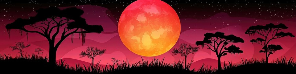 Pixel Art Landscape with a Red Full Moon Under a Starry Pink Sky at Night