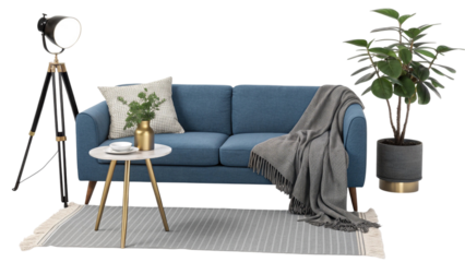 Blue Sofa with Gray Blanket and Gold Accents in a Modern Living Room Setting indoor setting
