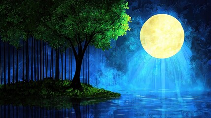Pixel Art Moonlit Forest Tranquil Night Scene with Yellow Full Moon and Green Trees